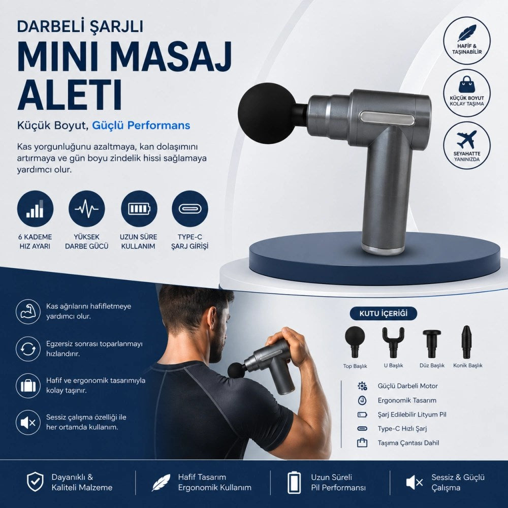 Darbeli Şarjlı Mini Masaj Aleti Type-C Şarjlı | 6 Kademeli | Sessiz | Sporcu Masaj Cihazı