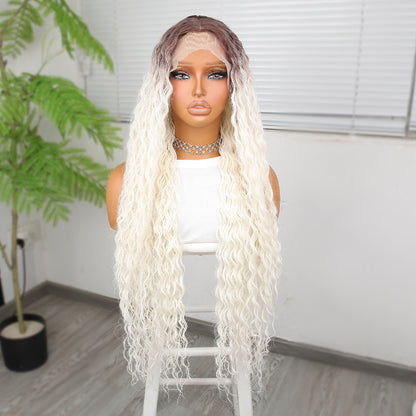 Afro Dalga Kumral Beyaz Platin Ombre Fiber Sentetik Tül Peruk