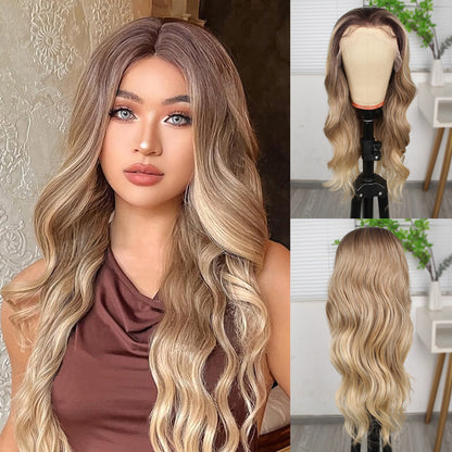 Kumral Dore Sarı Ombre ve Röfleli Fiber Sentetik Geniş Dalgalı Tül Peruk