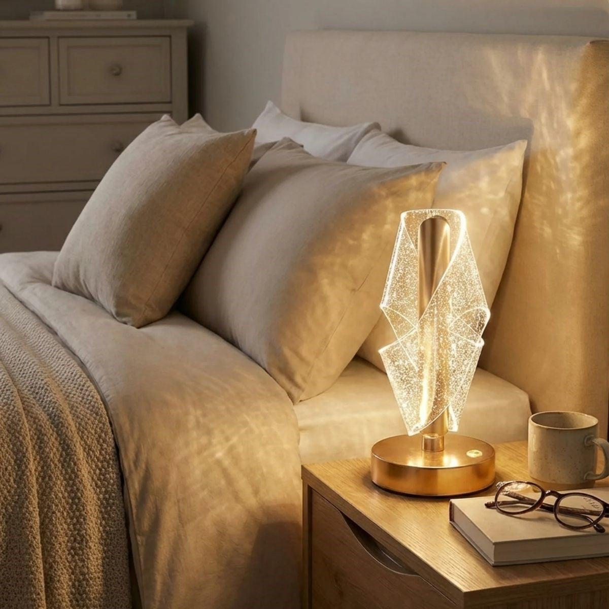 BUFFER® Çapraz Kavisli Ters Kristal Simli LED Masa Lambası – Gold Gövdeli, Dokunmatik, 3 Kademe Işık Ayarlı Şarjlı Dekoratif Lamba