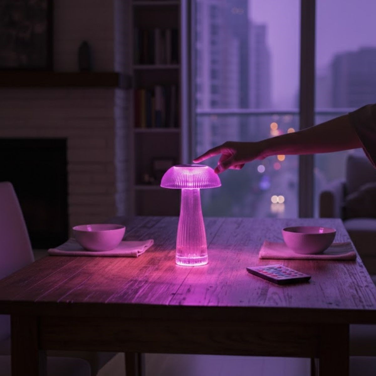 BUFFER® Şeffaf Mantar Model LED Masa Lambası –Kumandalı Şarjlı, Dokunmatik, Rengarek Işık Modlu Dekoratif Gece Lambası
