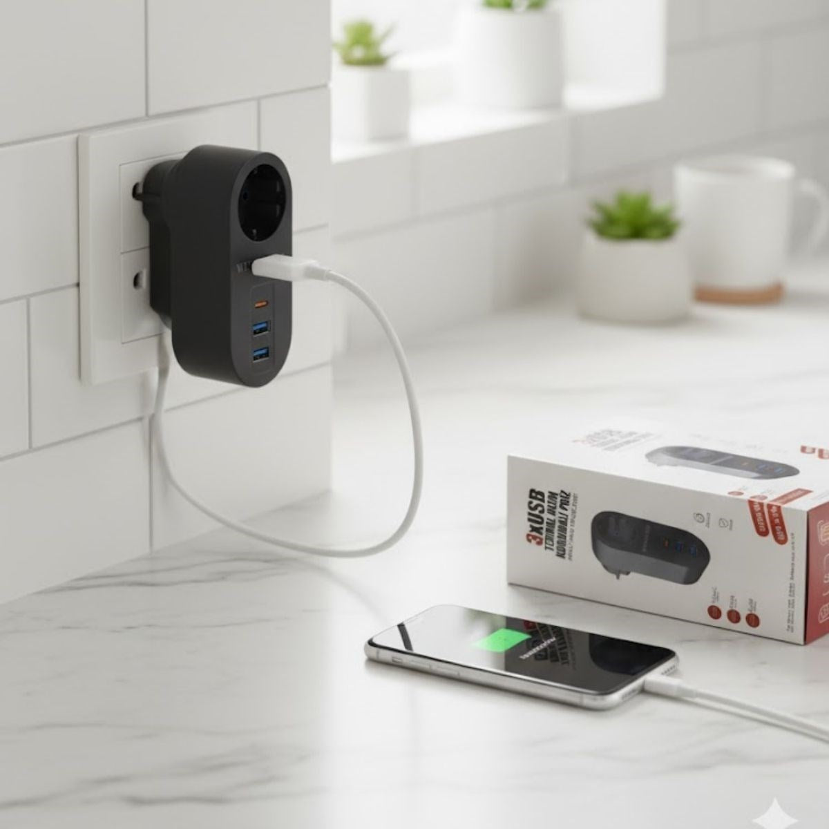 BUFFER® 2 USB,1 TYPE-C Girişli 1'li Çocuk Korumalı,Isıya Karşı Dayanıklı 2500Watt Termal Akım Korumalı Priz