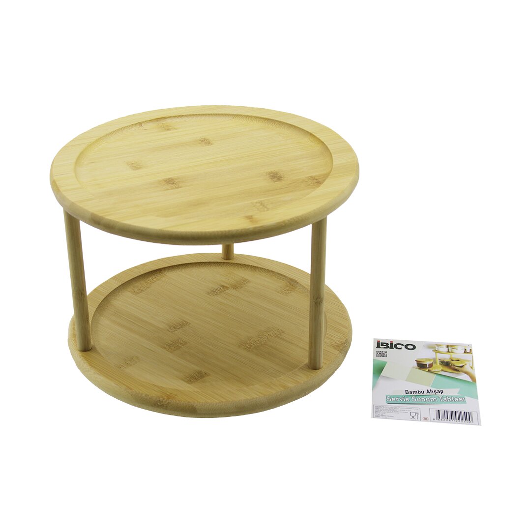 2 KATLI YUVARLAK=24.5CM DÖNER TABLALI AHŞAP BAMBU SUNUM TEPSİSİ - MİNİ SOFRA (5643)
