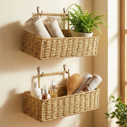 2’li Duvar Askılı Plastik Rattan Organizer – Dikdörtgen Hasır Görünümlü Mutfak Raf Sepeti, Banyo ve Ev İçi Düzenleme Ünitesi (5643)