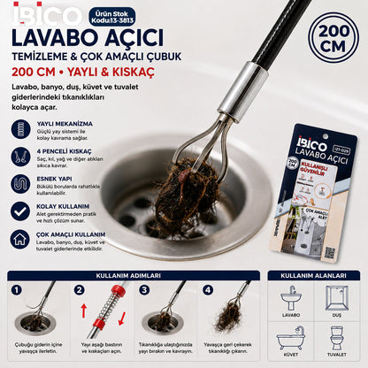200CM YAYLI - KISKAÇ LAVABO - GİDER VB.TEMİZLEME - ÇOK AMAÇLI ÇUBUK (5643)