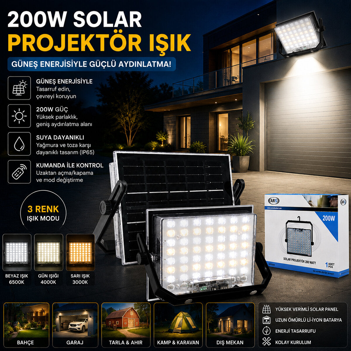 200W GÜNEŞ ENERJİLİ LED IŞIK SOLAR PROJEKTÖR - FENER KAMP - DIŞ MEKAN 3 FARKLI LED IŞIK 348961 LMB (5643)