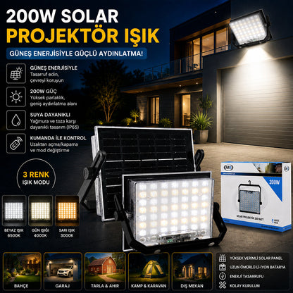 200W GÜNEŞ ENERJİLİ LED IŞIK SOLAR PROJEKTÖR - FENER KAMP - DIŞ MEKAN 3 FARKLI LED IŞIK 348961 LMB (5643)