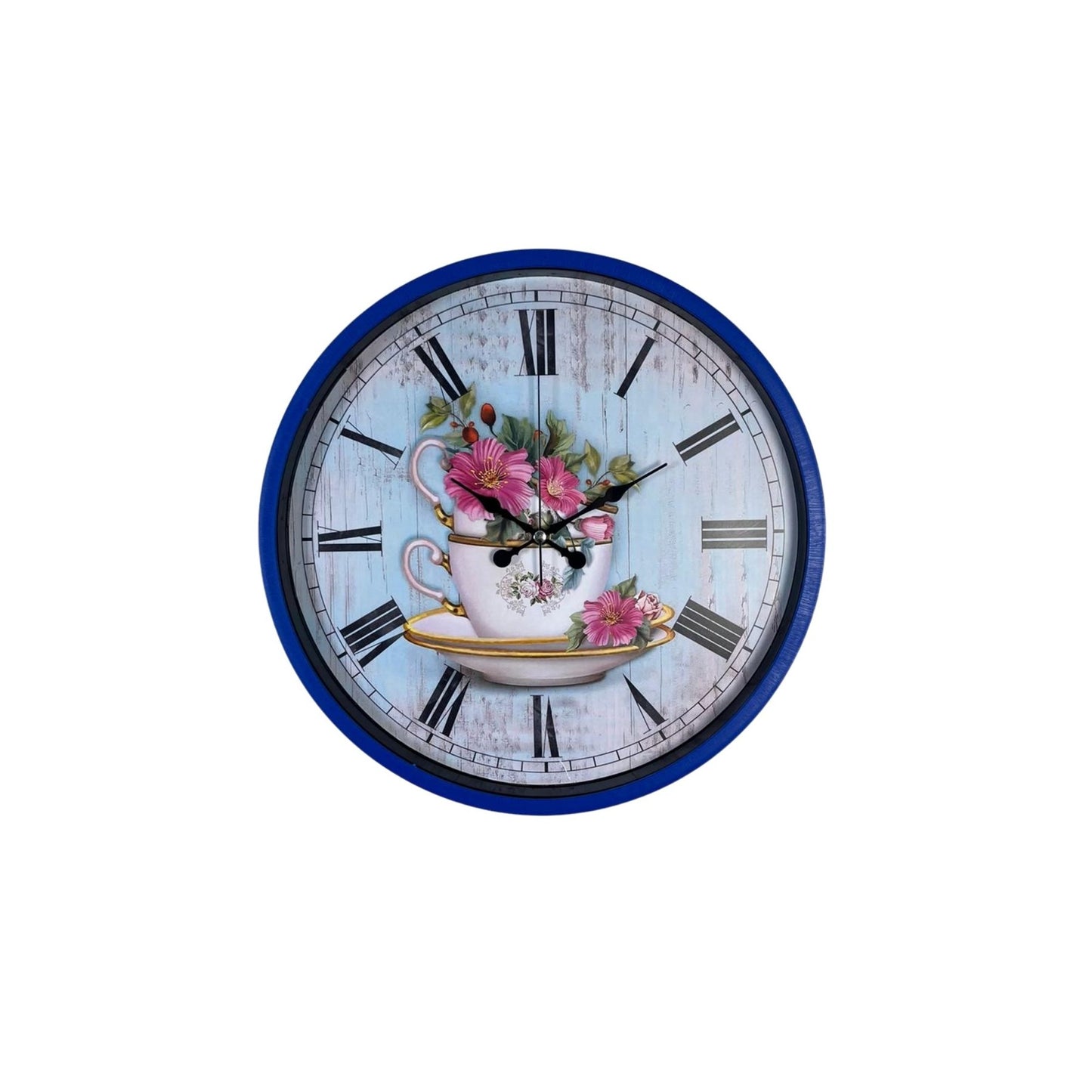 Lacivert Çiçek Desenli 36 Cm Duvar Saati