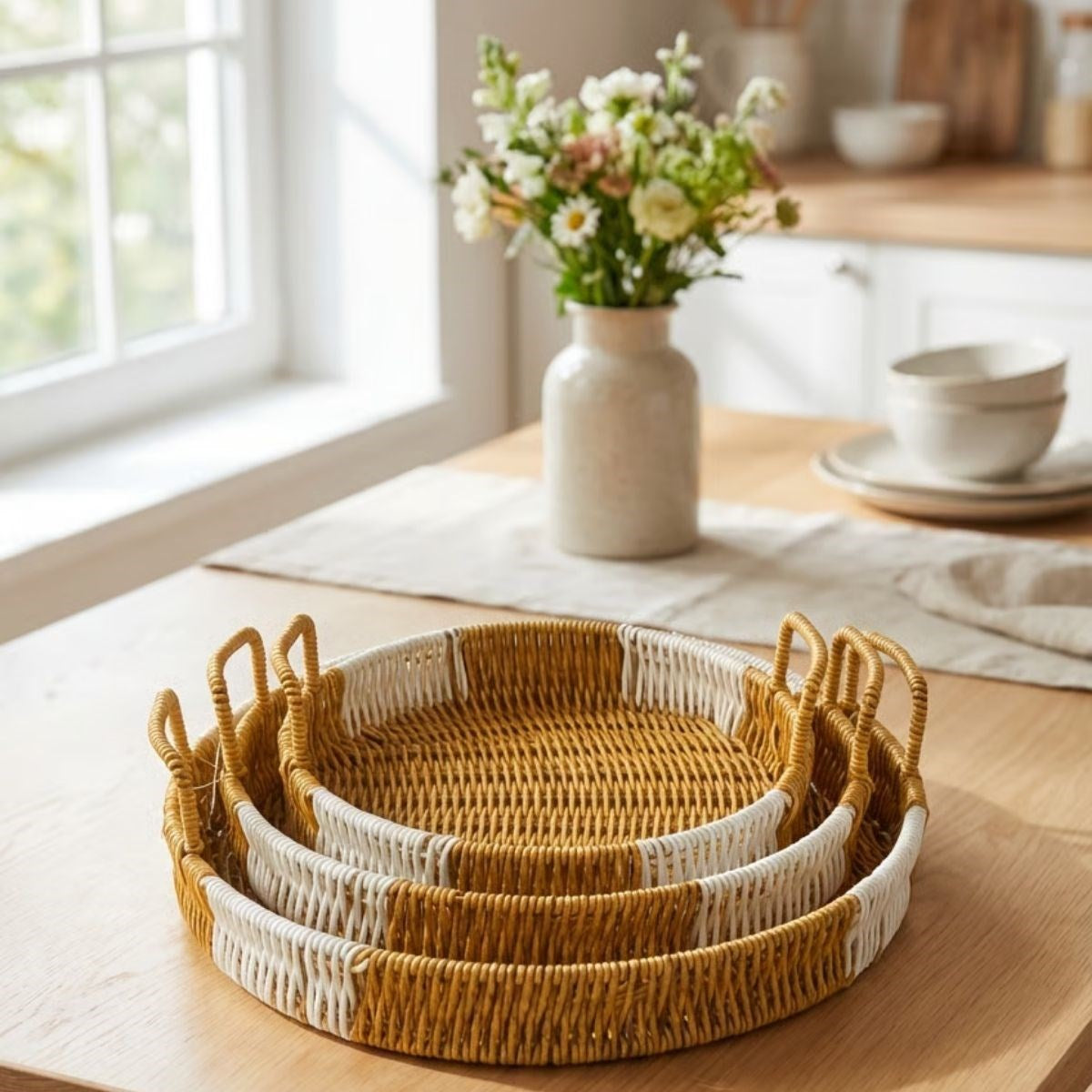BUFFER® İç İçe Geçebilen 3’lü Yuvarlak Plastik Rattan Tepsi Seti–Çift Renkli Hasır Görünümlü Çok Amaçlı Servis ve Sunum Tepsileri