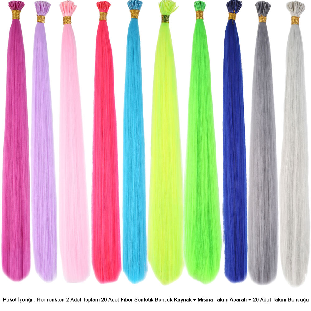 20 Adet Karışık Renkli Fiber Sentetik Kaynaklık Saç 60cm + Misina Takım Aparatı ve Boncuğu