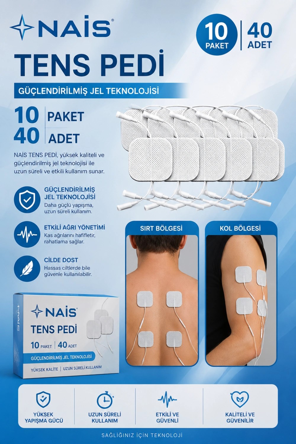 10 Paket, 40 Adet NAİS GOLD Tens Elektrod Pedi 5x5 cm Extra Güçlendirilmiş Yapışkanlı Kumaş, TENS Pedi Elektrot – Cilt Dostu Jel – Yüksek