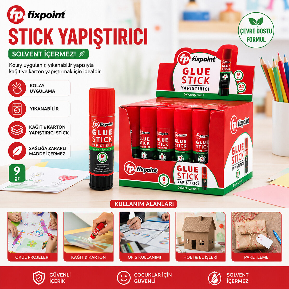 24 ADET 9GR STICK YAPIŞTIRICI SOLVENT İÇERMEZ YIKANABİLİR KOLAY UYGULAMA KAĞIT - KARTON YAPIŞTIRICI STİCK (5643)