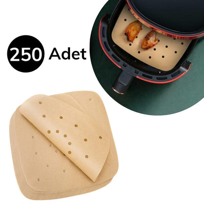 250 Adet Air Fryer Pişirme Kağıdı Tek Kullanımlık Hava Fritöz Yağ Geçirmez Yapışmaz Gıda Pişirme Kağıdı Delikli Kare Model (5643)