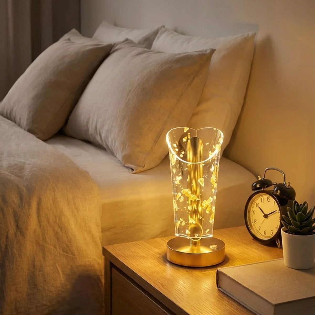 BUFFER® Açık Silindirik Kristal Altın Toz Model LED Masa Lambası – Gold Tabanlı, Dokunmatik, 3 Renk Işık Modlu, Şarjlı Modern Dekoratif Gece Lambası