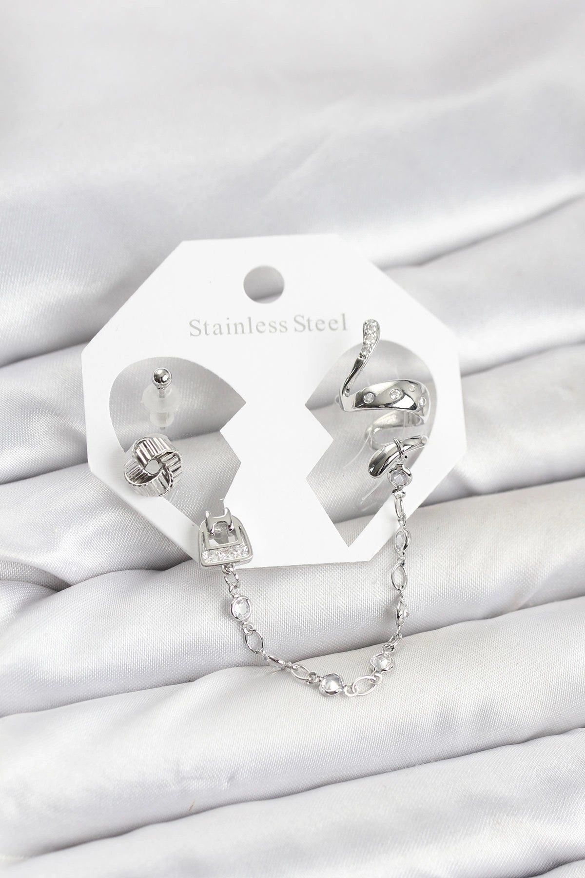 Pirinç Gümüş Renk Yılan Model Zincir Bağlantılı Ear Cuff Küpe Seti