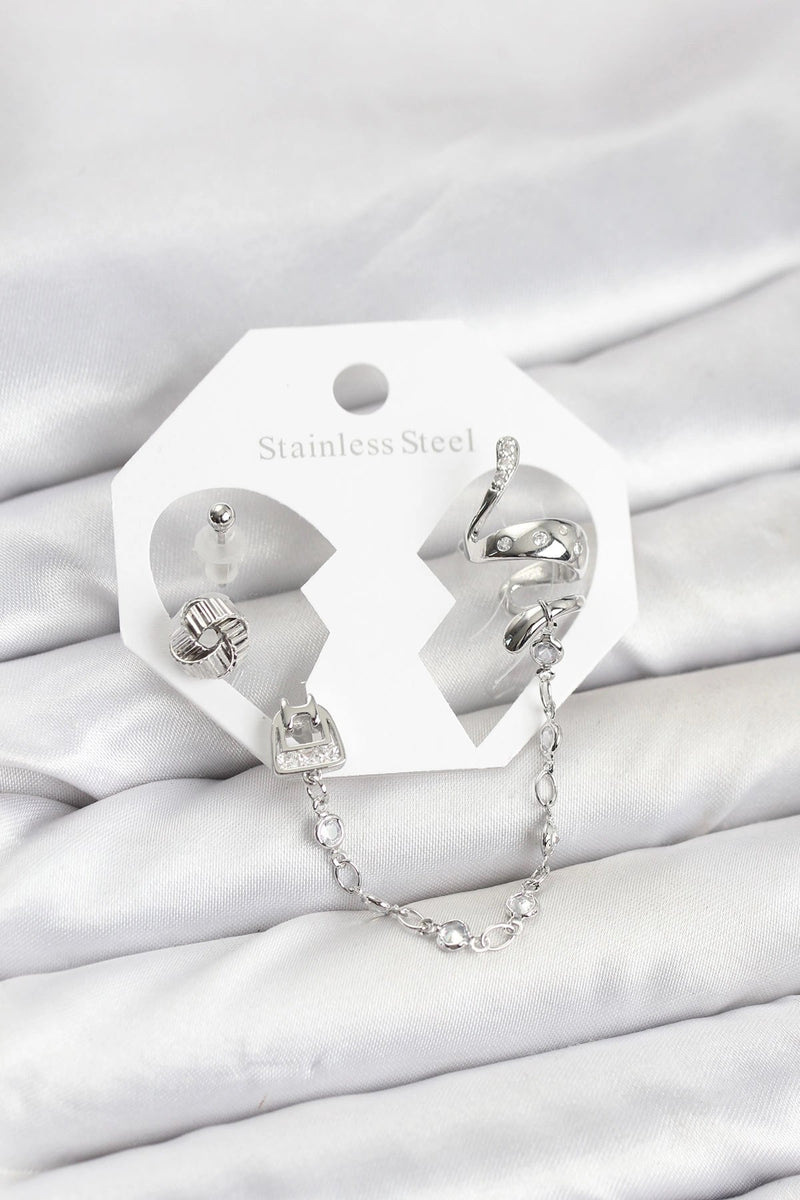 Pirinç Gümüş Renk Yılan Model Zincir Bağlantılı Ear Cuff Küpe Seti
