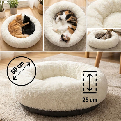 BUFFER® Yuvarlak Ultra Yumuşak Welsoft Peluş Kedi ve Köpek Yatağı – Kaymaz Taban Tüylü Pet Pufu,Uyku Minderi (krem)