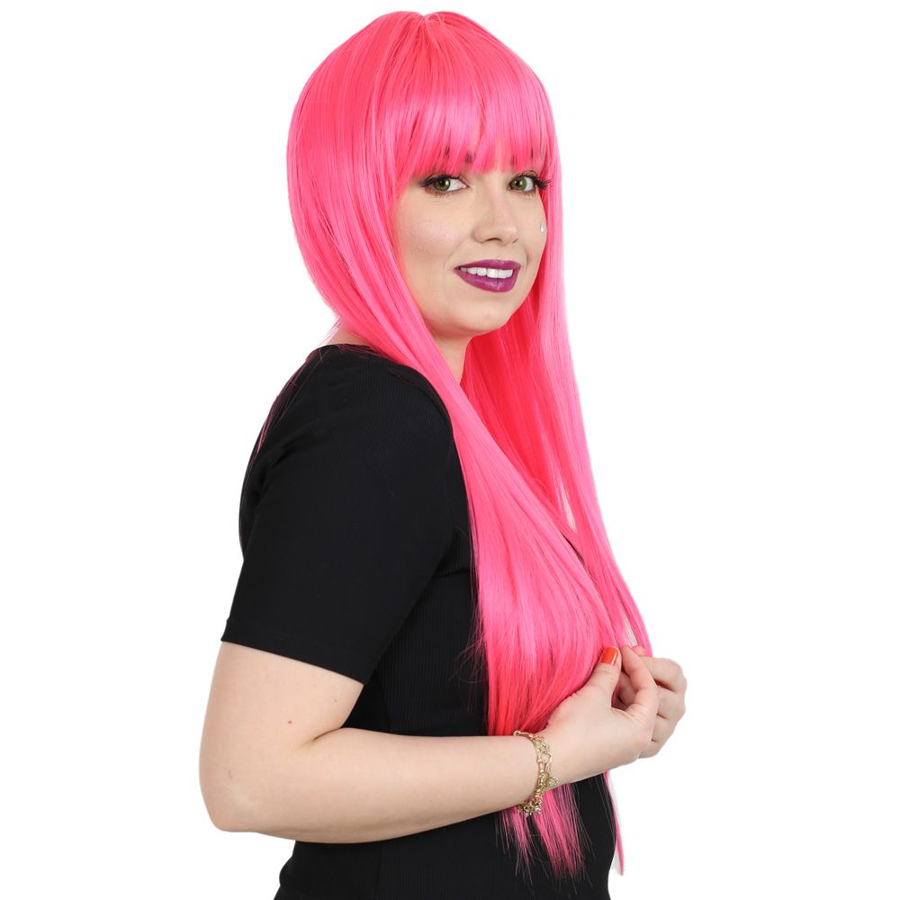 Uzun Kahküllü Fiber Sentetik Peruk - Neon Pembe