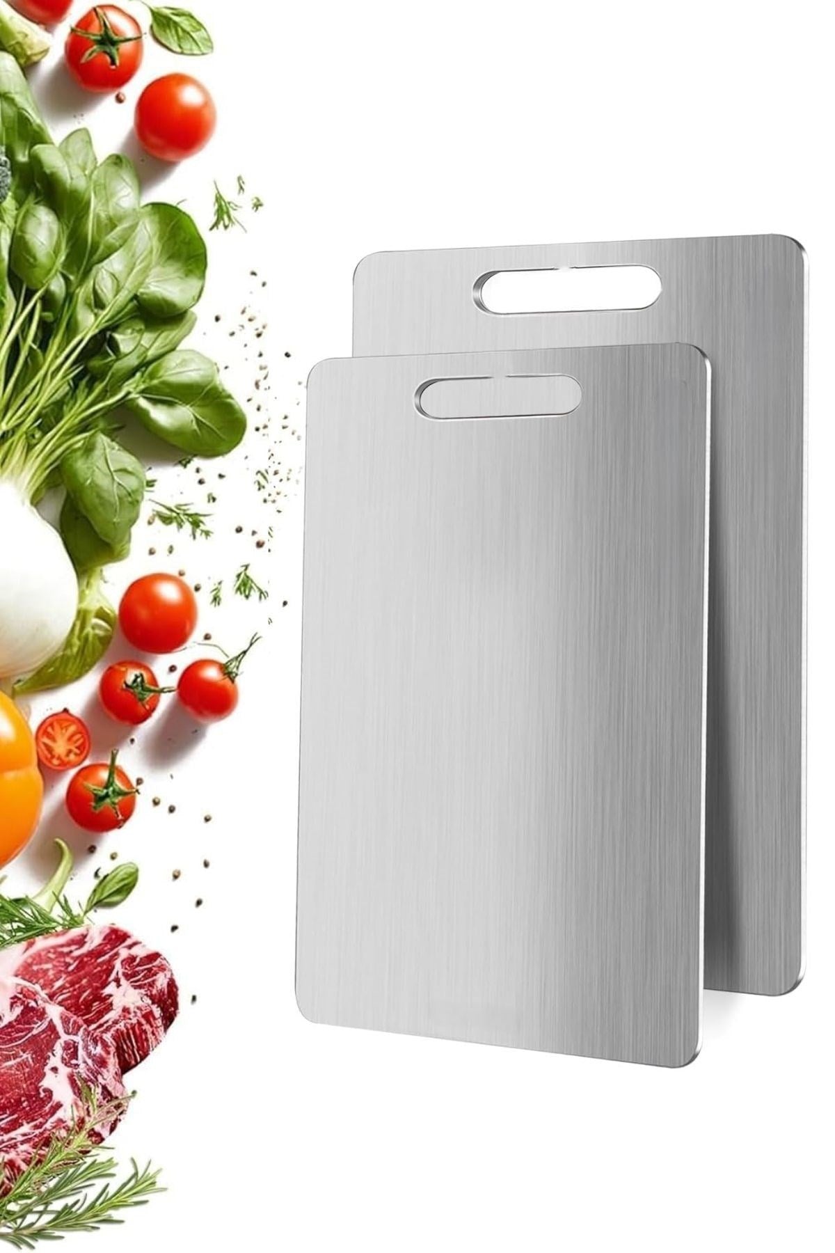 BUFFER® 2 Boy Paslanmaz Çelik Leke Tutmaz,Kırılmaz,Antibakteriyel,Elde ve Bulaşık Makinesinde Yıkanabilen Meyve,Sebze,Et,Tavuk Kesim Panosu