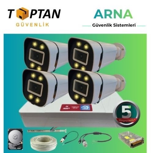 5 Mp 4 Kameralı Gece Renkli Sesli 250GB HDD Dahil Ahd Güvenlik Seti