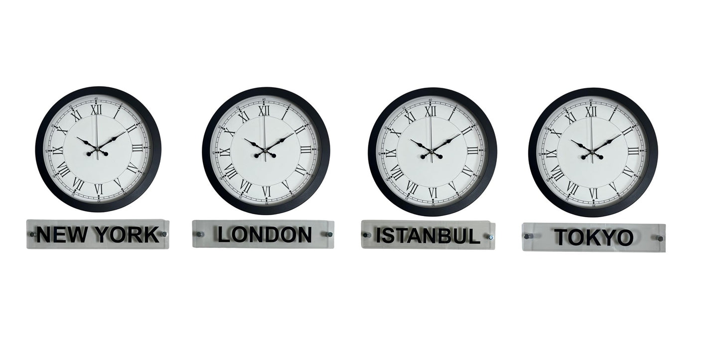 World Time Pro 4’lü Metal Siyah 36 cm Dünya Duvar Saati