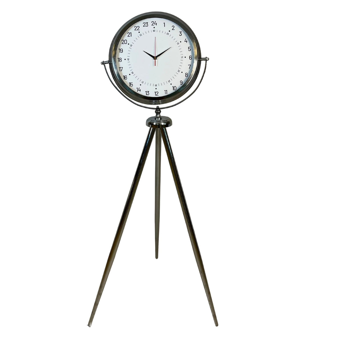 Krom 24 Saat Göstergeli 150 x 45 Cm Metal Özel Tasarım Tripod Ayaklı Saat