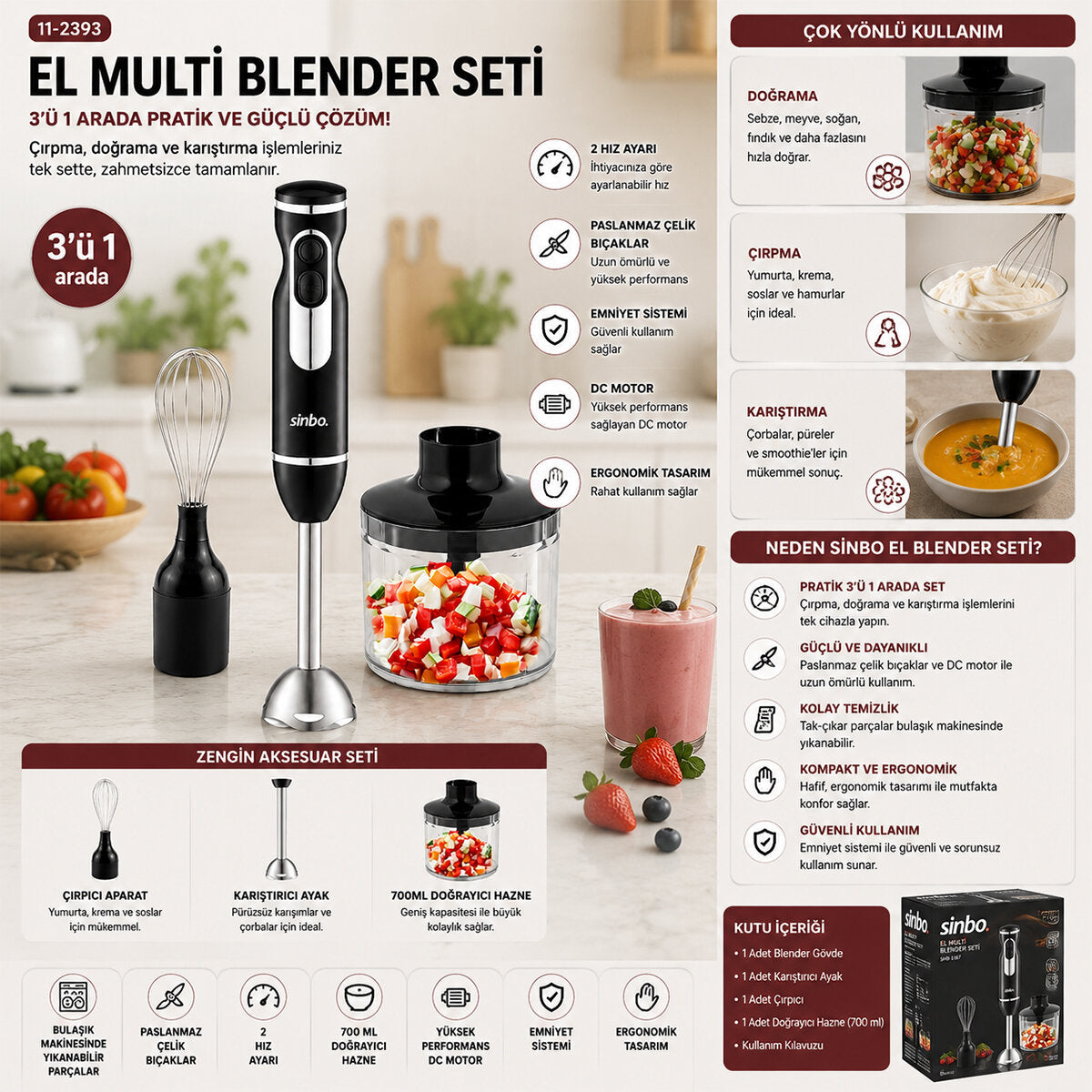 2HIZ AYAR - PASLANMAZ ÇELİK BIÇAK EL MULTİ BLENDER SETİ 700ML HAZNELİ SHB-7529 (5643)
