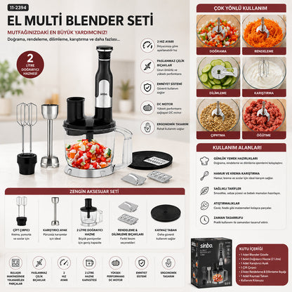 2HIZ AYAR - PASLANMAZ ÇELİK BIÇAK EL MULTİ BLENDER SETİ 2 LT HAZNELİ SHB-7534 (5643)