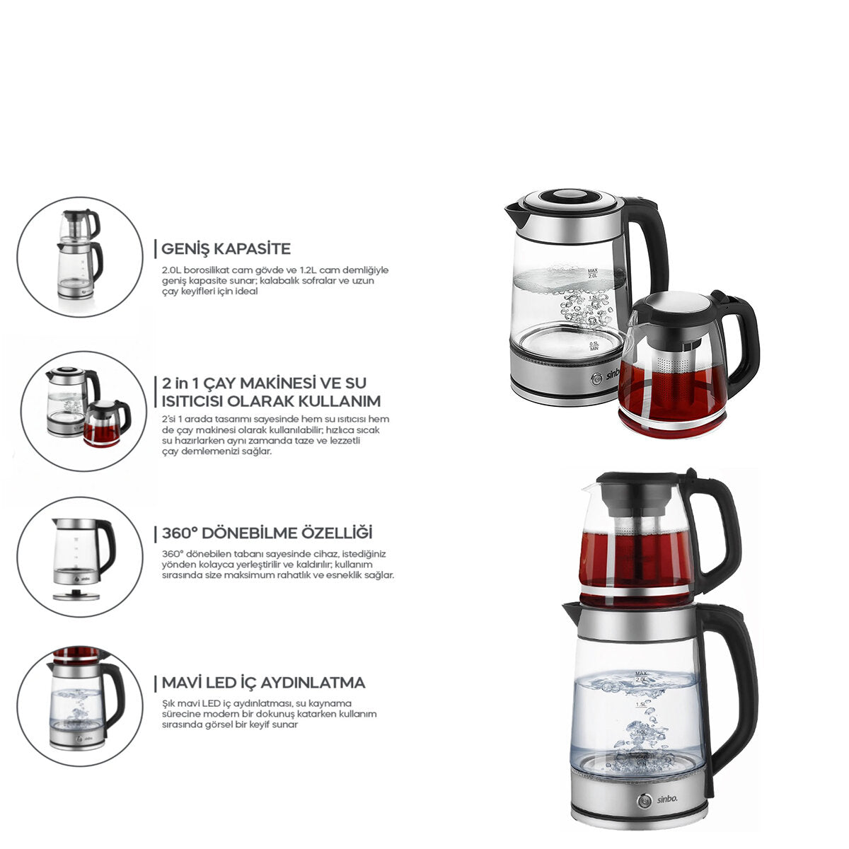 2İN1= ÇAYCI - KETTLE ÇELİK ELEKTRİKLİ ÇAY MAKİNESİ 2LT + 1,2LT ÇAY SÜZGEÇLİ 360° DÖNEBİLİR STM-5990 (5643)