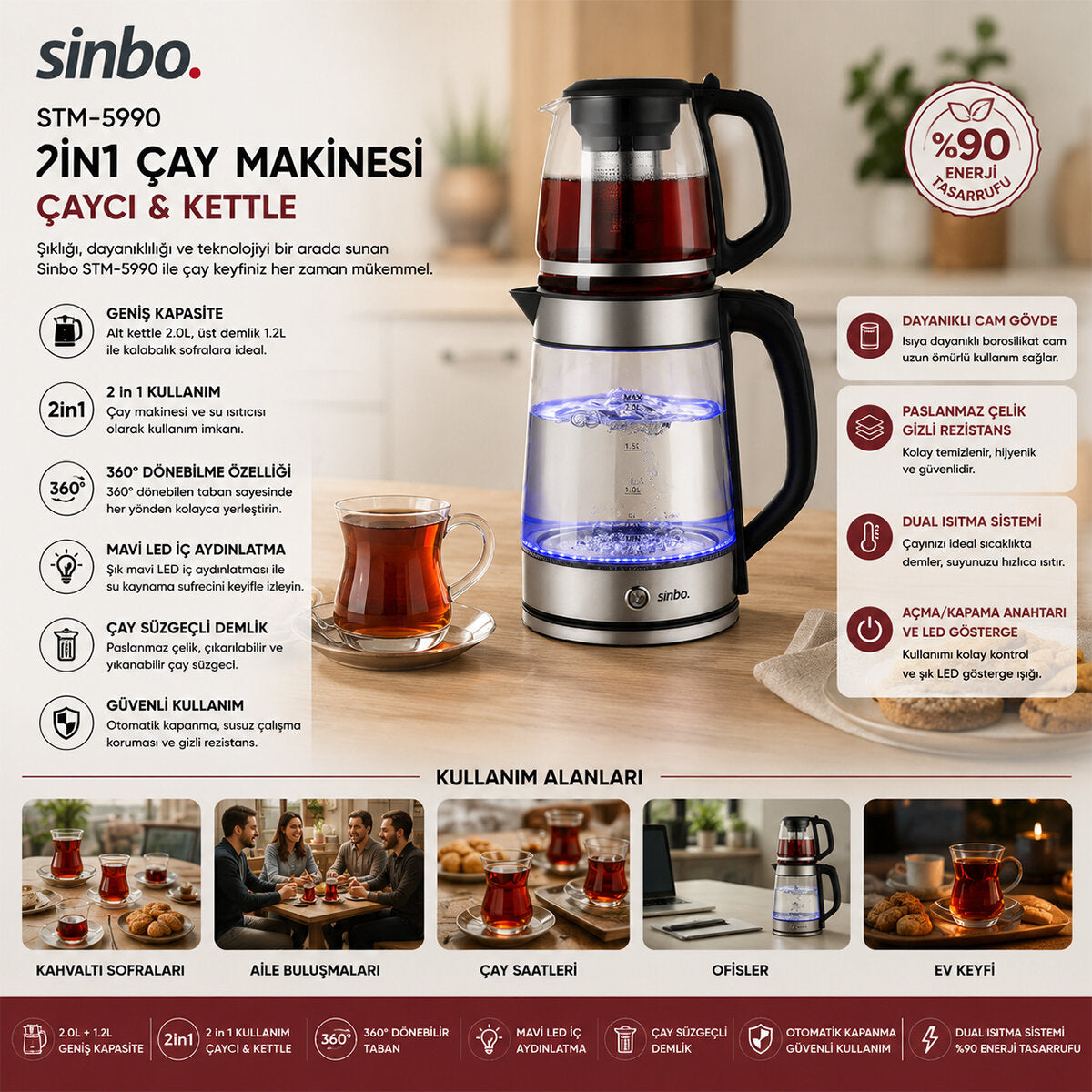 2İN1= ÇAYCI - KETTLE ÇELİK ELEKTRİKLİ ÇAY MAKİNESİ 2LT + 1,2LT ÇAY SÜZGEÇLİ 360° DÖNEBİLİR STM-5990 (5643)