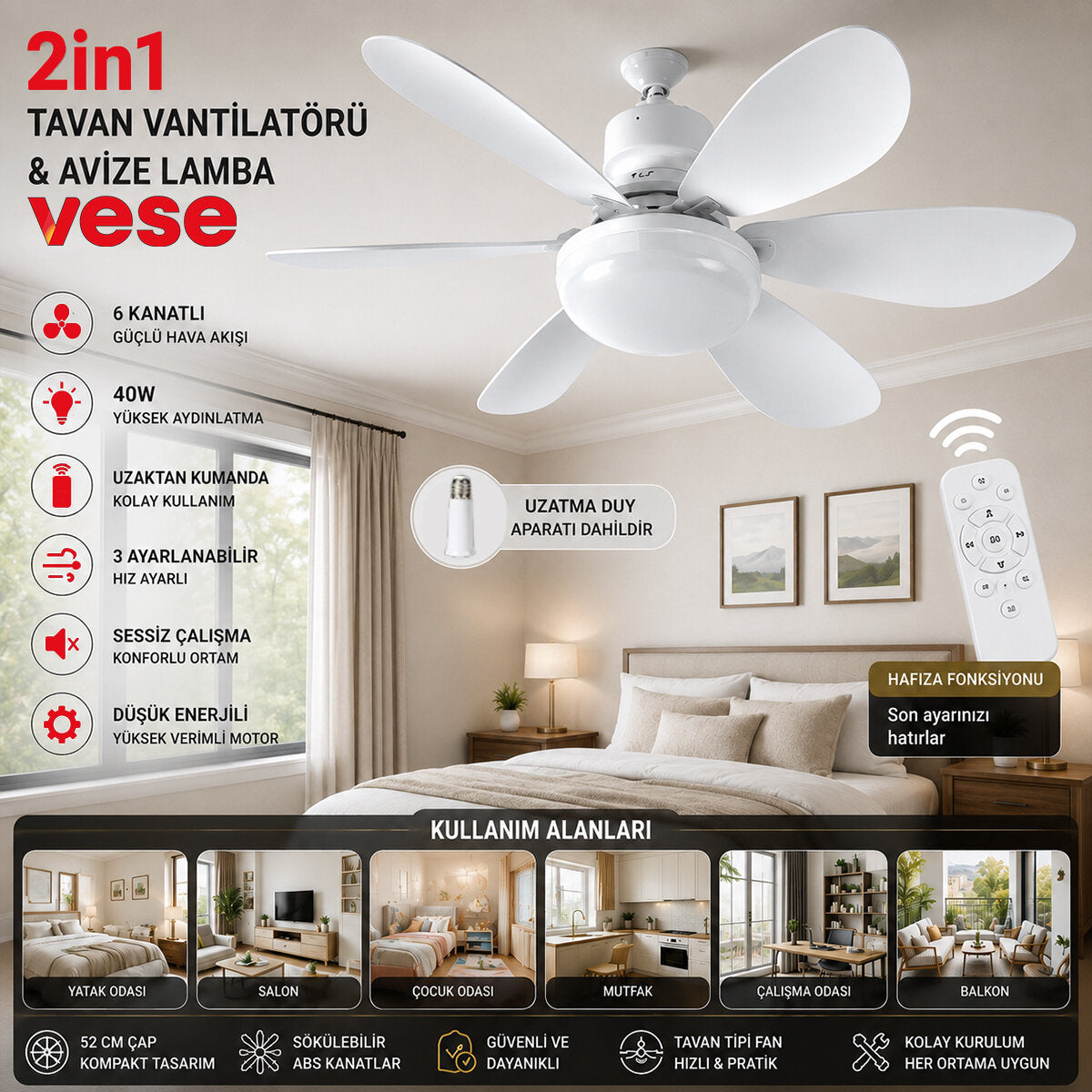 2İN1=TAVAN VANTİLATÖR - AVİZE LAMBA 40W KUMANDALI 6KNAT VNT-005 (5643)