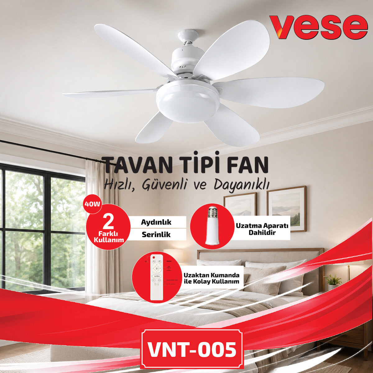 2İN1=TAVAN VANTİLATÖR - AVİZE LAMBA 40W KUMANDALI 6KNAT VNT-005 (5643)
