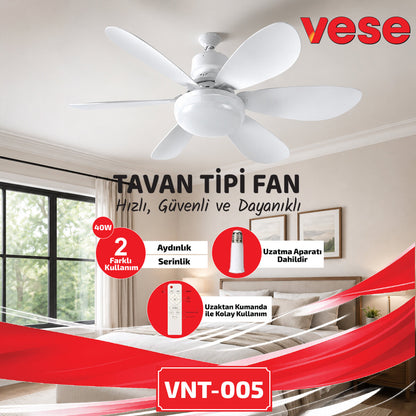 2İN1=TAVAN VANTİLATÖR - AVİZE LAMBA 40W KUMANDALI 6KNAT VNT-005 (5643)