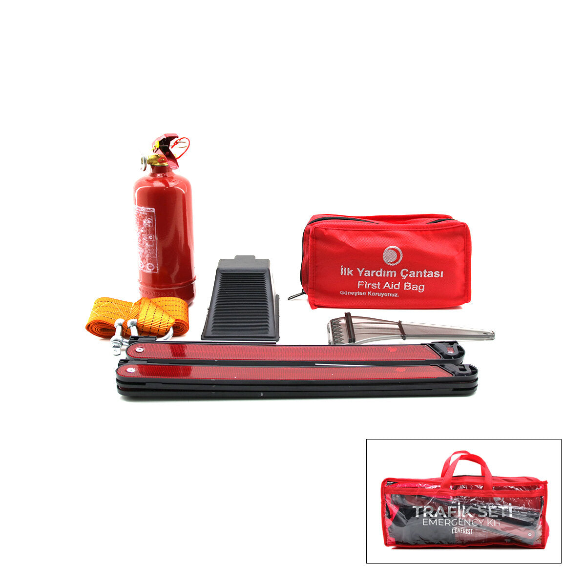 2Lİ SET 4 GEN ÇANTA 7PCS + 38PCS OTO TRAFİK SETİ + İLK YARDIM SETİ YANGIN TÜPÜ=1KG 2PCS REFLEKTÖR BEZ KEMER ÇEKME HALAT=2.9MT ARAÇ TAKOZ BUZ KAZIMA SET ÇANTASI (5643)