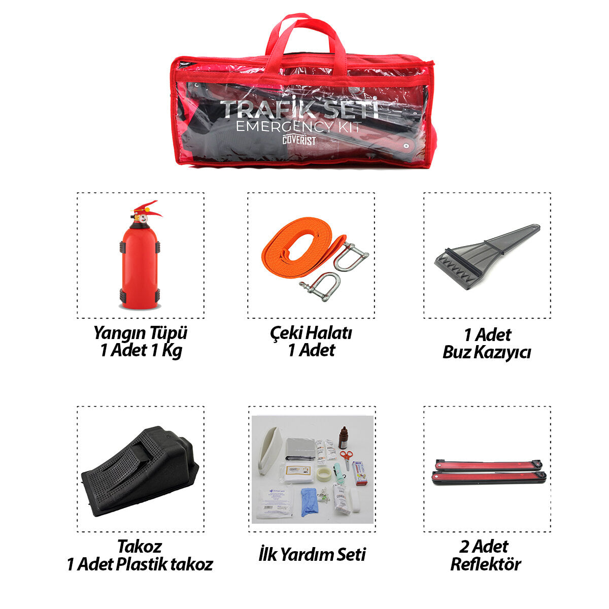2Lİ SET 4 GEN ÇANTA 7PCS + 38PCS OTO TRAFİK SETİ + İLK YARDIM SETİ YANGIN TÜPÜ=1KG 2PCS REFLEKTÖR BEZ KEMER ÇEKME HALAT=2.9MT ARAÇ TAKOZ BUZ KAZIMA SET ÇANTASI (5643)