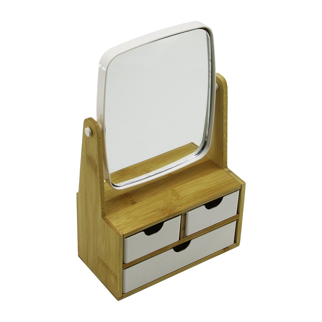 3 ÇEKMECELİ BAMBU AHŞAP STANDLI=9X9.5X18X21.5CM MAKYAJ AYNASI=15X18CM TAKILIK 2+1 ORGANİZER (5643)