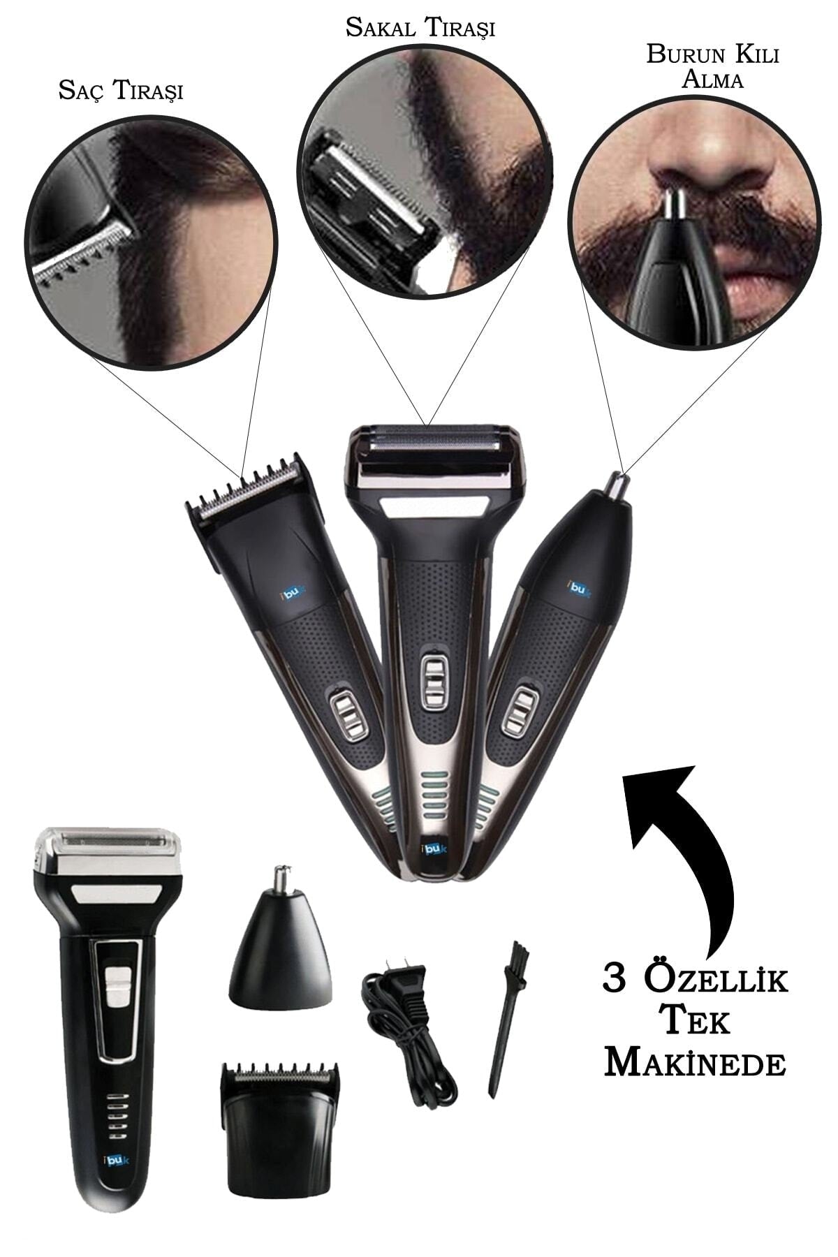 3 in 1 Saç Sakal Kesme Ense Burun Tıraş Makinesi Seti (5643)