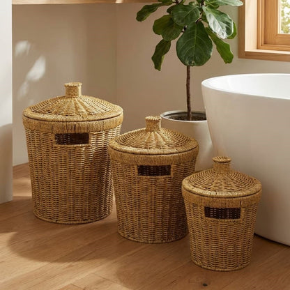 3’lü İç İçe Geçebilen Büyük Plastik Rattan Hasır Sepet Seti-Dayanıklı Çok Amaçlı Ev,Banyo ve Mutfak Düzenleyici (5643)