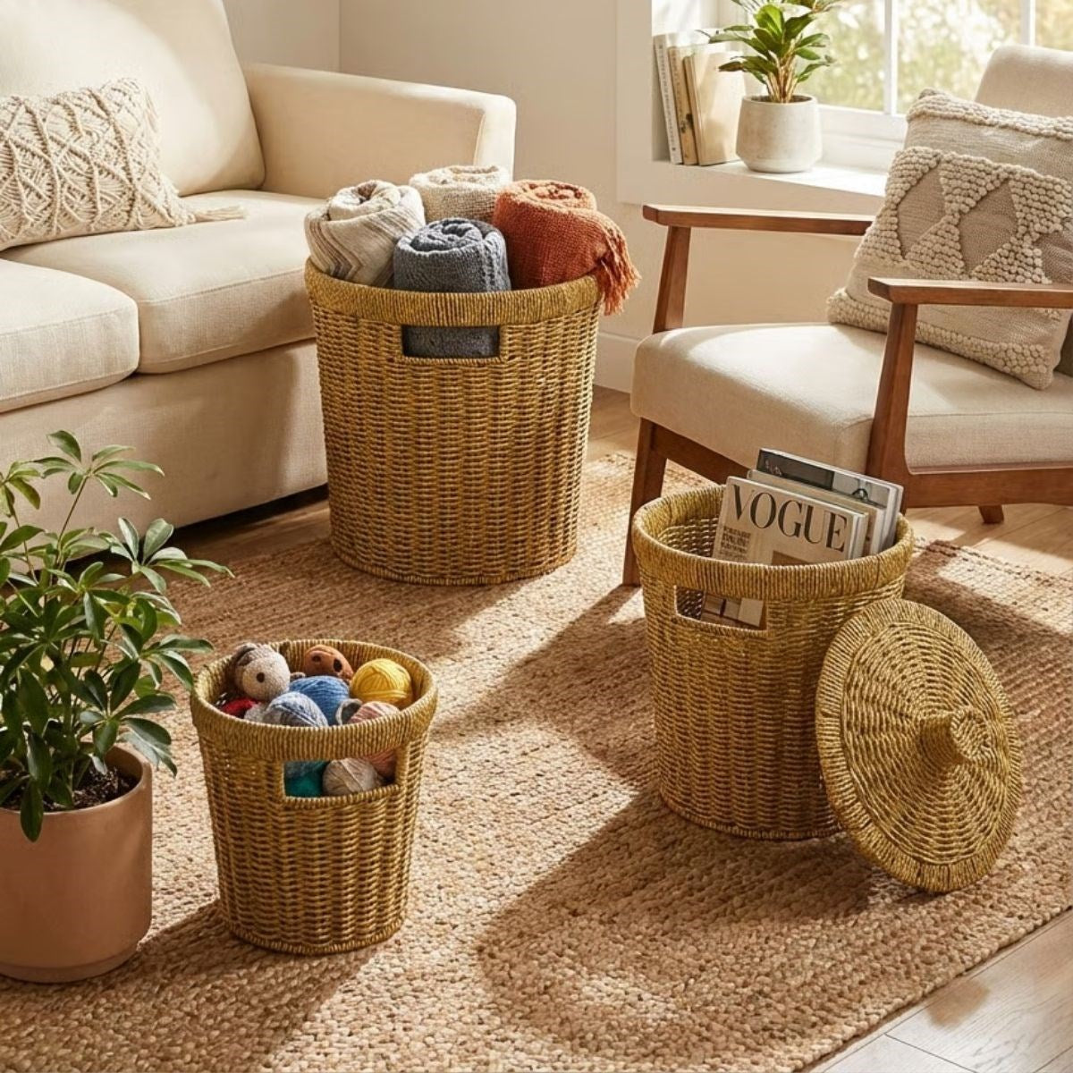 3’lü İç İçe Geçebilen Büyük Plastik Rattan Hasır Sepet Seti-Dayanıklı Çok Amaçlı Ev,Banyo ve Mutfak Düzenleyici (5643)