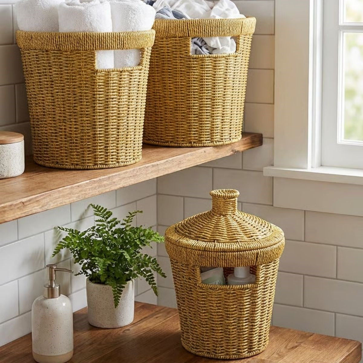 3’lü İç İçe Geçebilen Büyük Plastik Rattan Hasır Sepet Seti-Dayanıklı Çok Amaçlı Ev,Banyo ve Mutfak Düzenleyici (5643)