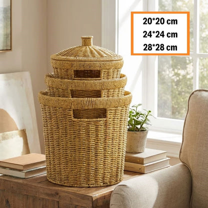 3’lü İç İçe Geçebilen Büyük Plastik Rattan Hasır Sepet Seti-Dayanıklı Çok Amaçlı Ev,Banyo ve Mutfak Düzenleyici (5643)