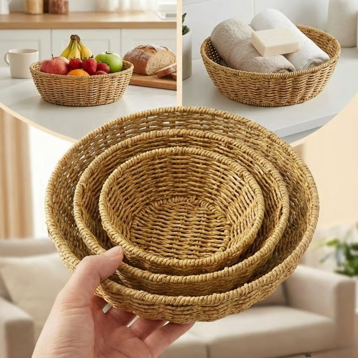 3’lü Plastik Rattan Çanak Seti – Hasır Görünümlü İç İçe Geçebilen Sunum ve Düzenleme Kaseleri, Mutfak & Masaüstü Çok Amaçlı Organizer (5643)