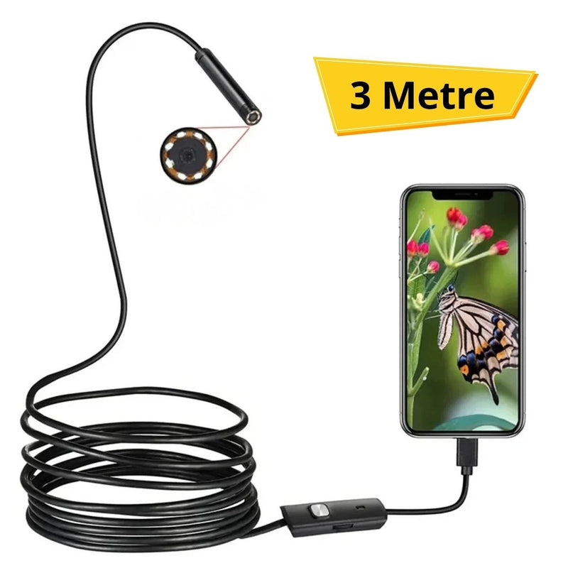 3 Metre Android Telefon Uyumlu 6 LED Işıklı Su Geçirmez Endoskop / Boroskop Yılan Kamera HD (5643)