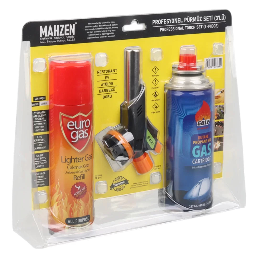 3 Parça Profesyonel Pürmüz Seti Pürmüz Torch Çakmak Başlık- Kamp Gazı 400ml- Çakmak Gazı 270 (5643)