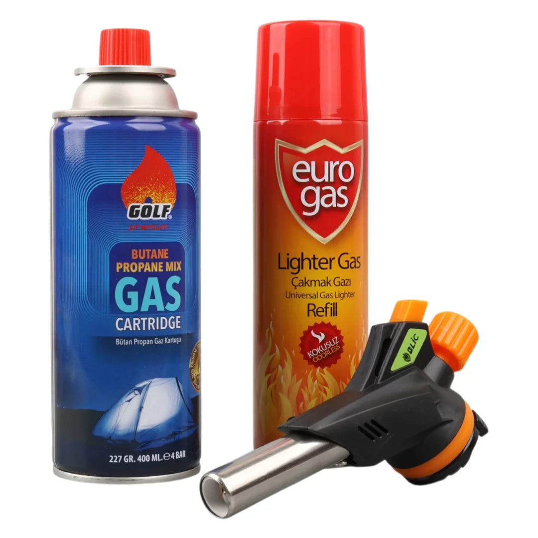 3 Parça Profesyonel Pürmüz Seti Pürmüz Torch Çakmak Başlık- Kamp Gazı 400ml- Çakmak Gazı 270 (5643)