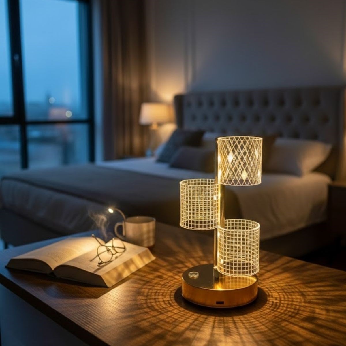 3 Parça Silindirik Kristal Ekose Kareli LED Masa Lambası – Gold Gövdeli, Dokunmatik, 3 Kademe Işık Ayarlı Şarjlı Dekoratif Lamba (5643)