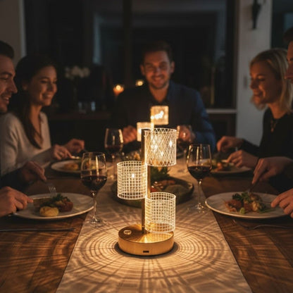 3 Parça Silindirik Kristal Ekose Kareli LED Masa Lambası – Gold Gövdeli, Dokunmatik, 3 Kademe Işık Ayarlı Şarjlı Dekoratif Lamba (5643)