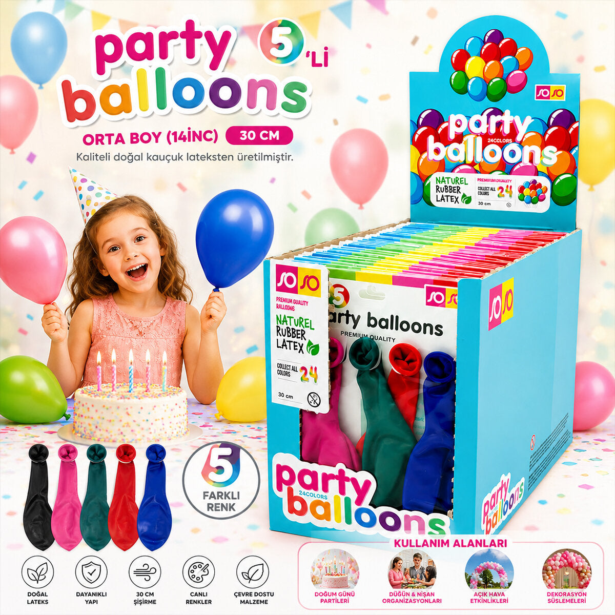 30 PAKET - 5PCS ORTA BOY RENKLİ - 30CM PARTY BALON TOPTAMDA 150 ADET BALON (5643)
