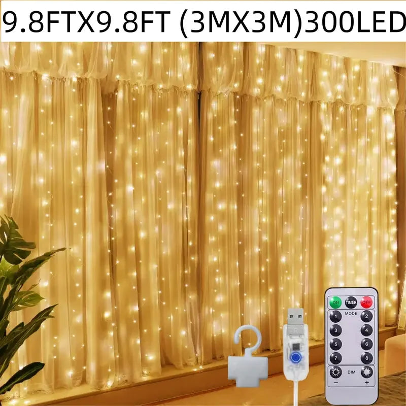 300 Ledli 10 Sarkıt Perde Led Işık-8 Fonksiyon, Uzaktan Kumandalı, 3x3 Metre (5643)