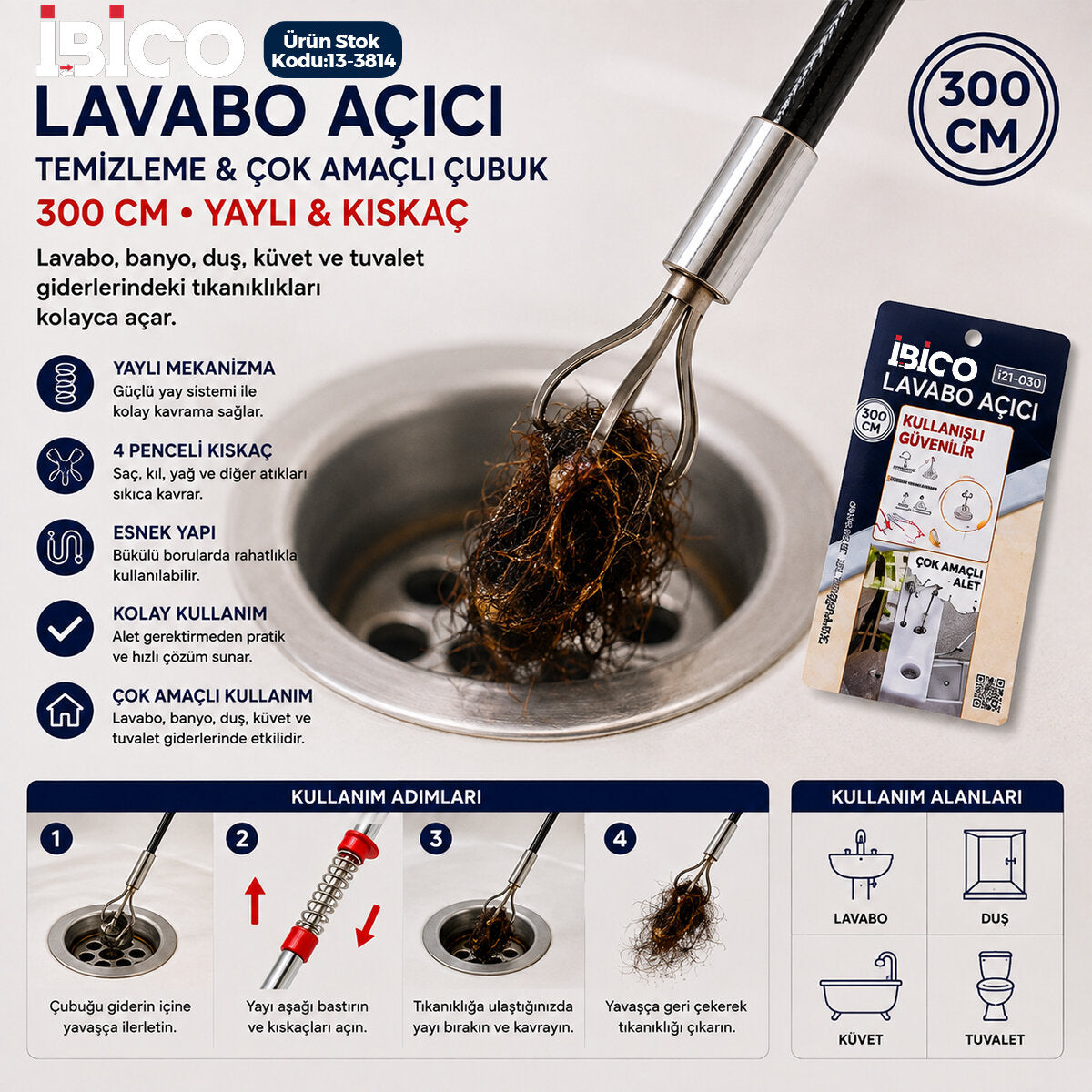 300CM YAYLI - KISKAÇ LAVABO - GİDER VB.TEMİZLEME - ÇOK AMAÇLI ÇUBUK (5643)